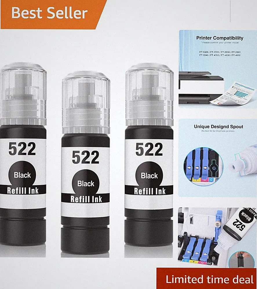 High-Quality Clog-Free Black Ink Refill Bottles for Ecotank Printers - 3 x 70ml