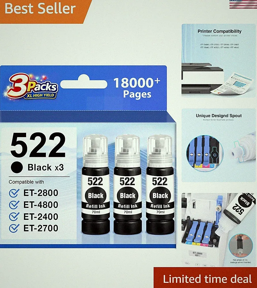 Starink 522 Black Ink Refill Bottles 3-Pack - Clog-Free, Compatible with ET-4800